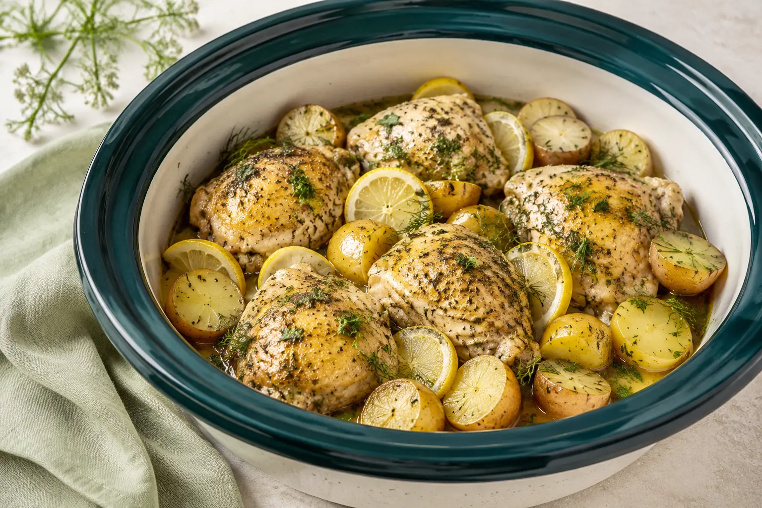 Lemon Herb Chicken & Baby Potatoes made in a slow cooker for spring meal prep