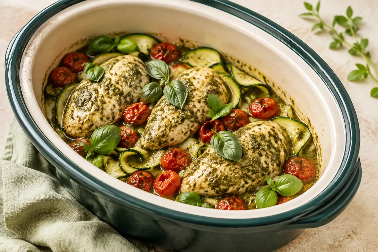 Pesto Chicken & Cherry Tomatoes made in a slow cooker for spring meal prep