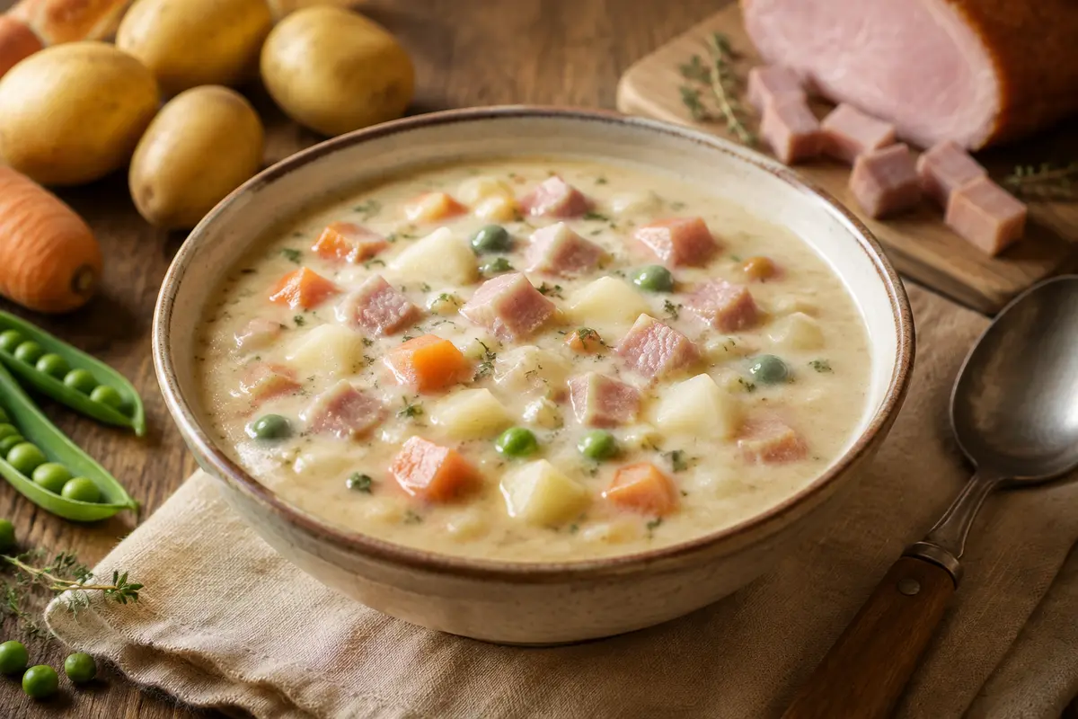 Creamy Ham and Pea Soup made in a slow cooker for an easy family dinner