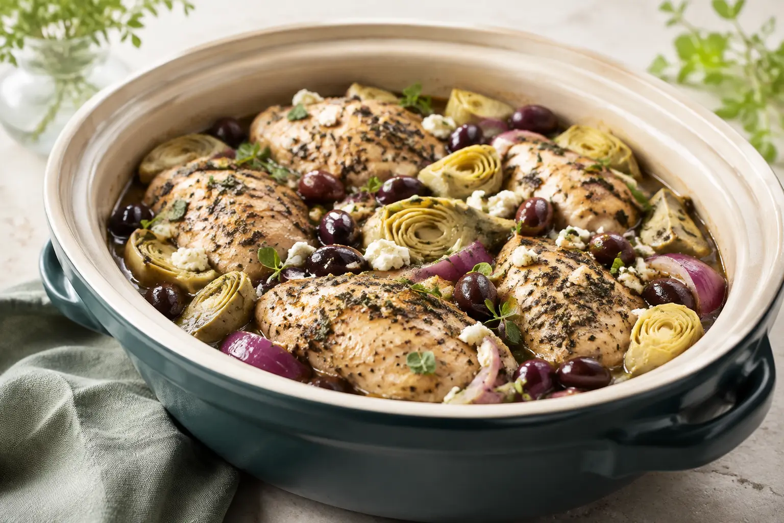 Greek Lemon Chicken with Artichokes made in a slow cooker for spring meal prep