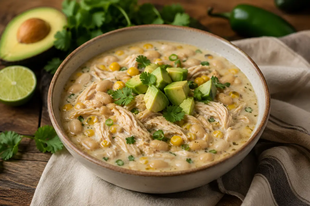 White Chicken Chili made in a slow cooker for an easy family dinner
