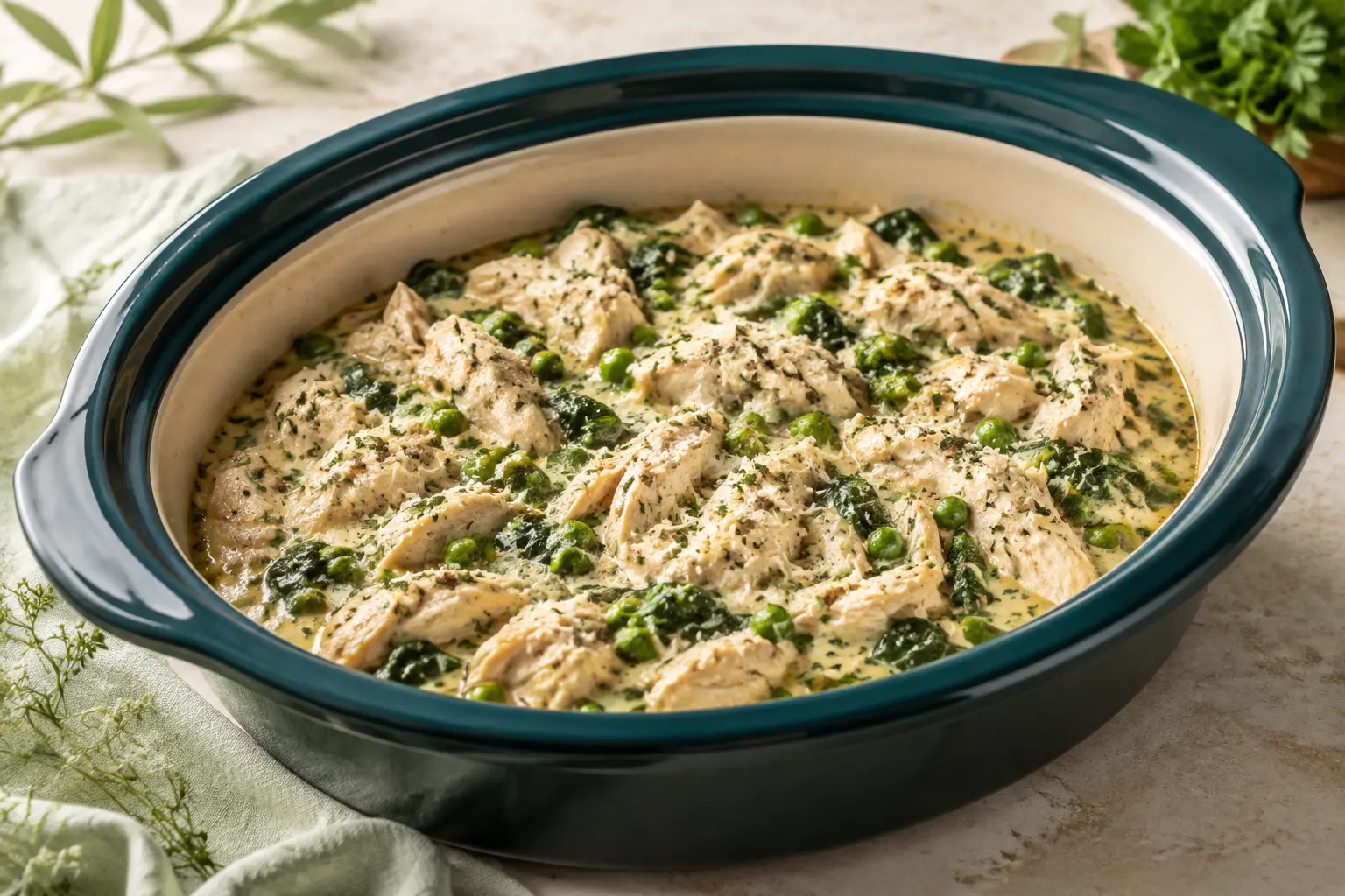 Garlic Parmesan Chicken & Peas made in a slow cooker for spring meal prep