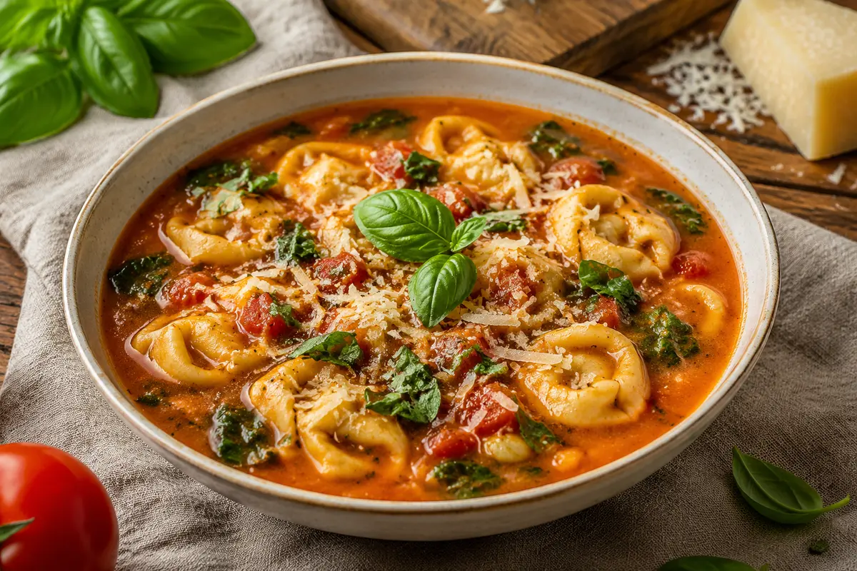 Tomato Basil Tortellini Soup made in a slow cooker for an easy family dinner