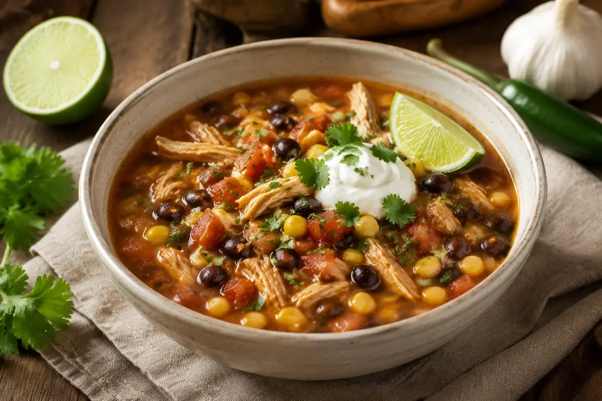 Southwest Chicken Soup made in a slow cooker for an easy family dinner