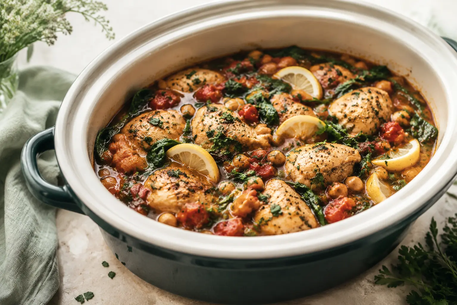 Mediterranean Chicken & Chickpeas made in a slow cooker for spring meal prep