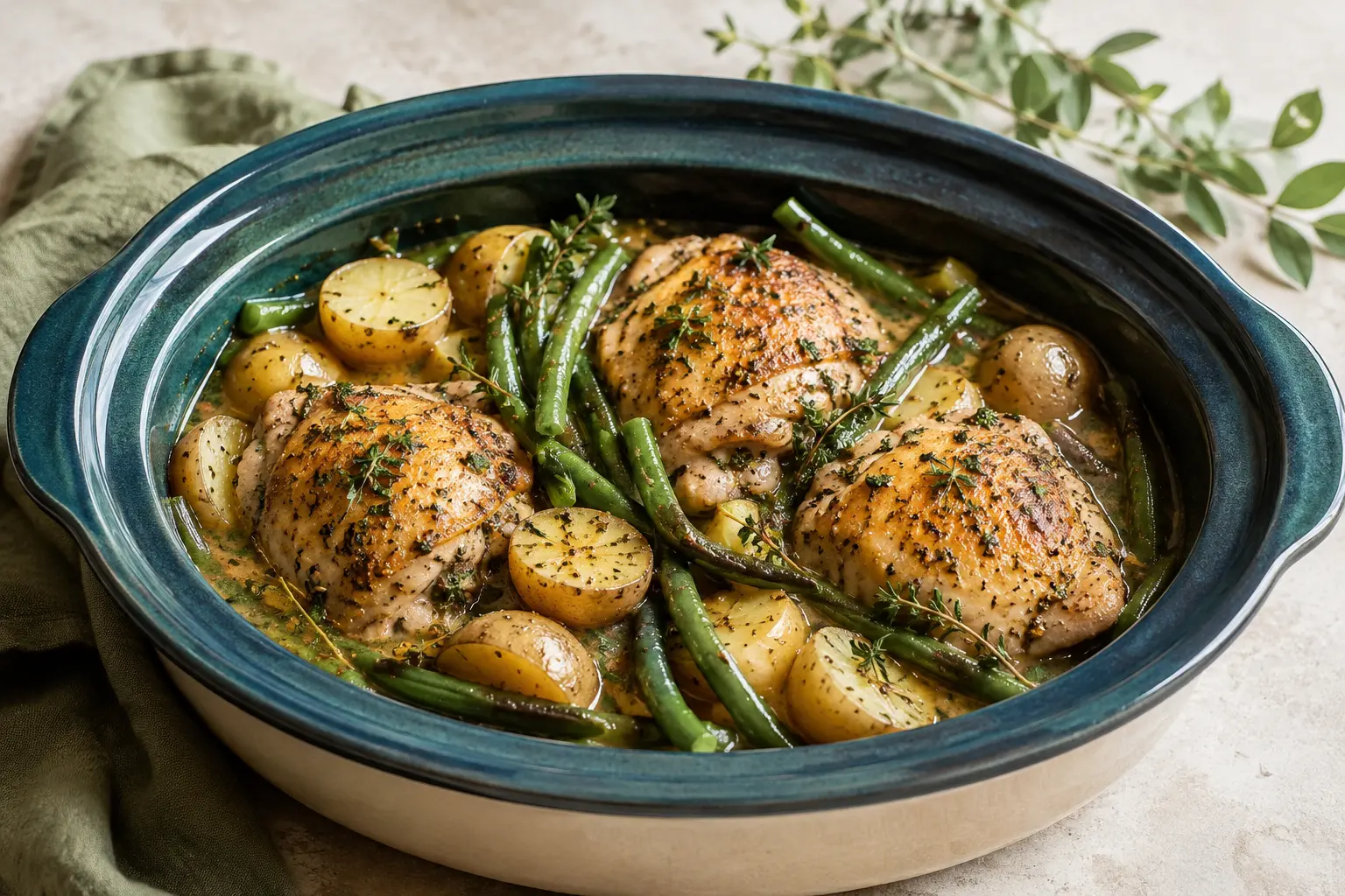 Dijon Chicken & Green Beans made in a slow cooker for spring meal prep