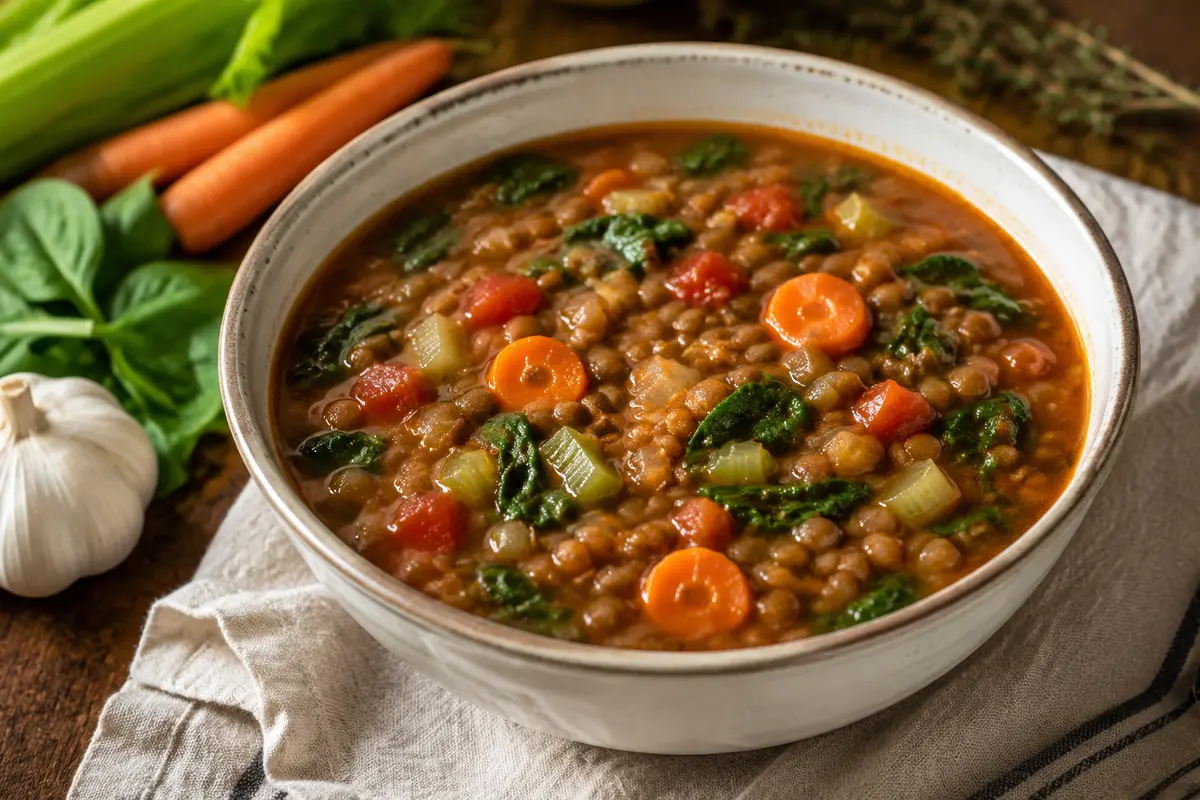 Lentil Vegetable Soup made in a slow cooker for an easy family dinner