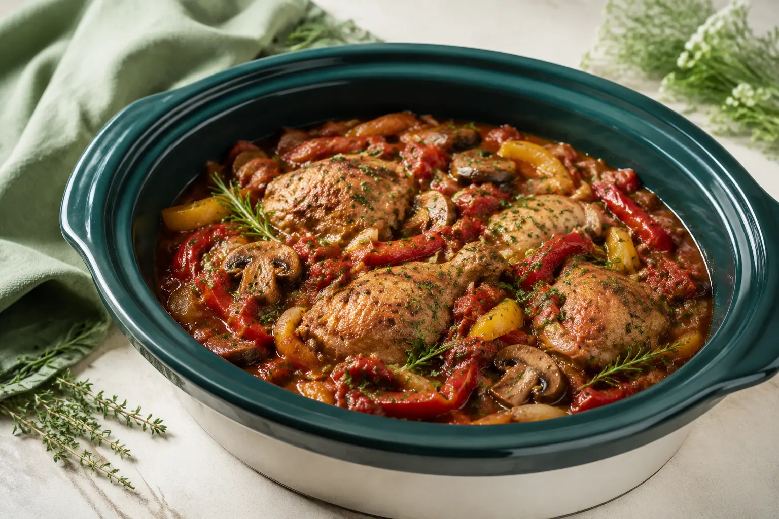 Chicken Cacciatore made in a slow cooker for spring meal prep