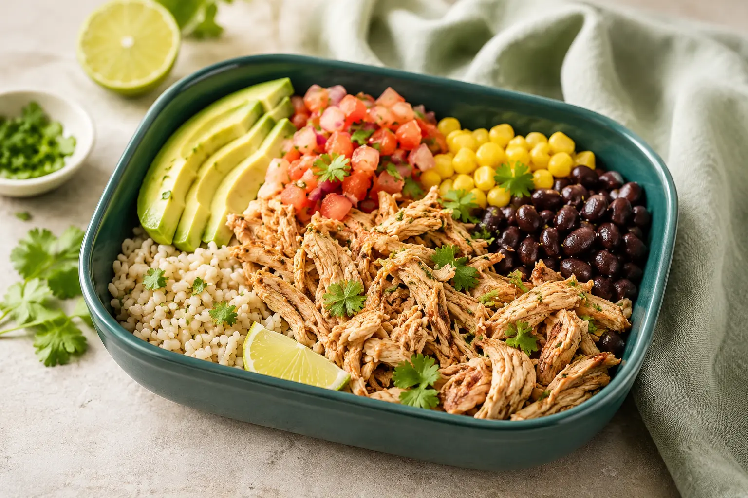 Chicken Burrito Bowls made in a slow cooker for spring meal prep