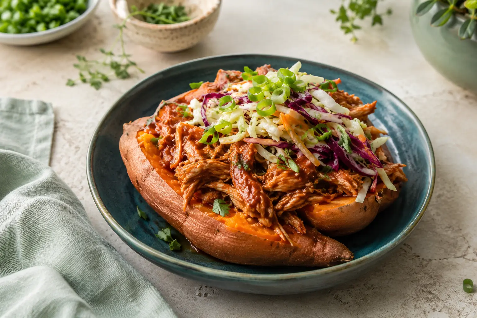 BBQ Chicken Stuffed Sweet Potatoes made in a slow cooker for spring meal prep