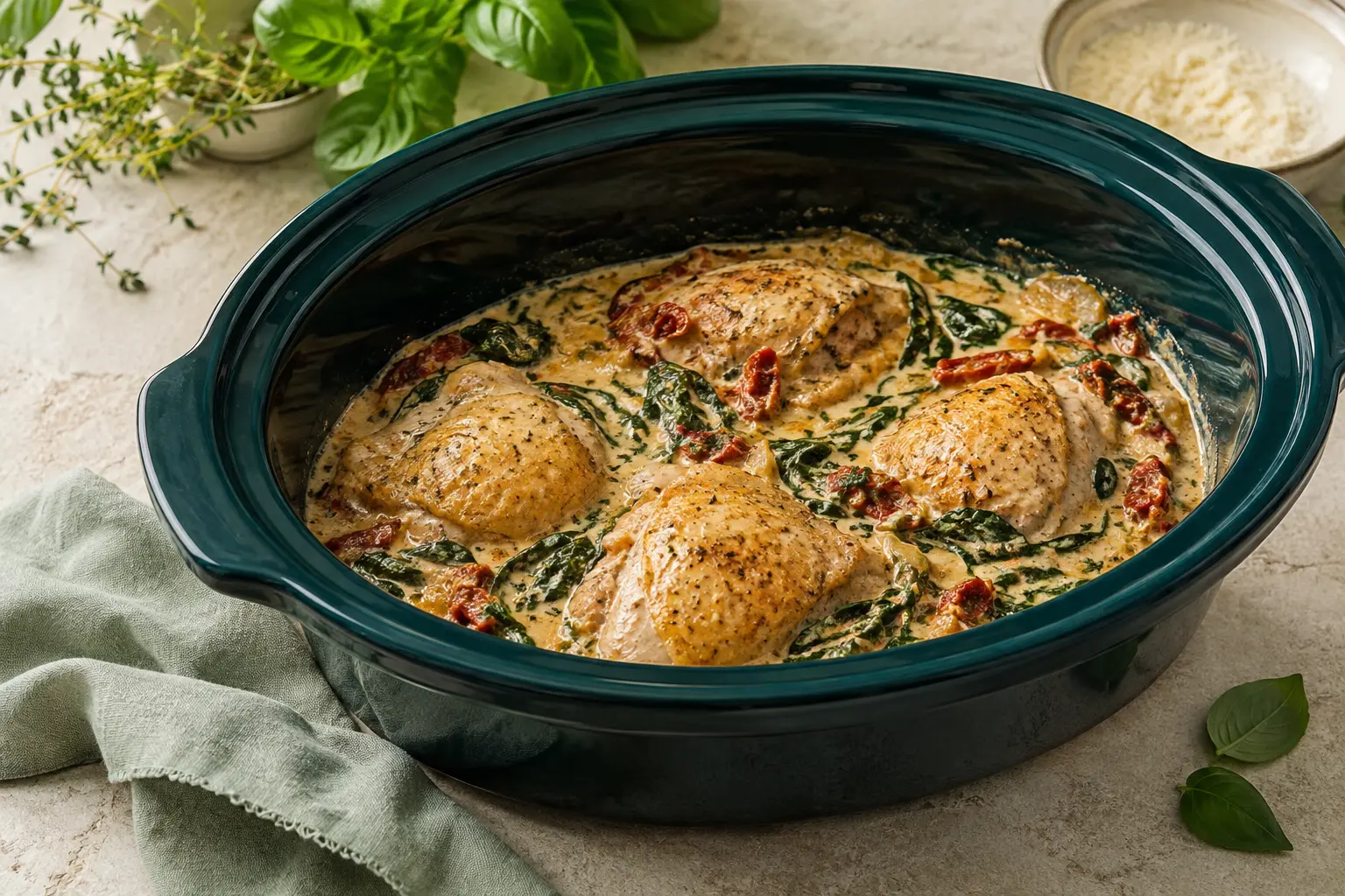 Creamy Tuscan Chicken & Spinach made in a slow cooker for spring meal prep