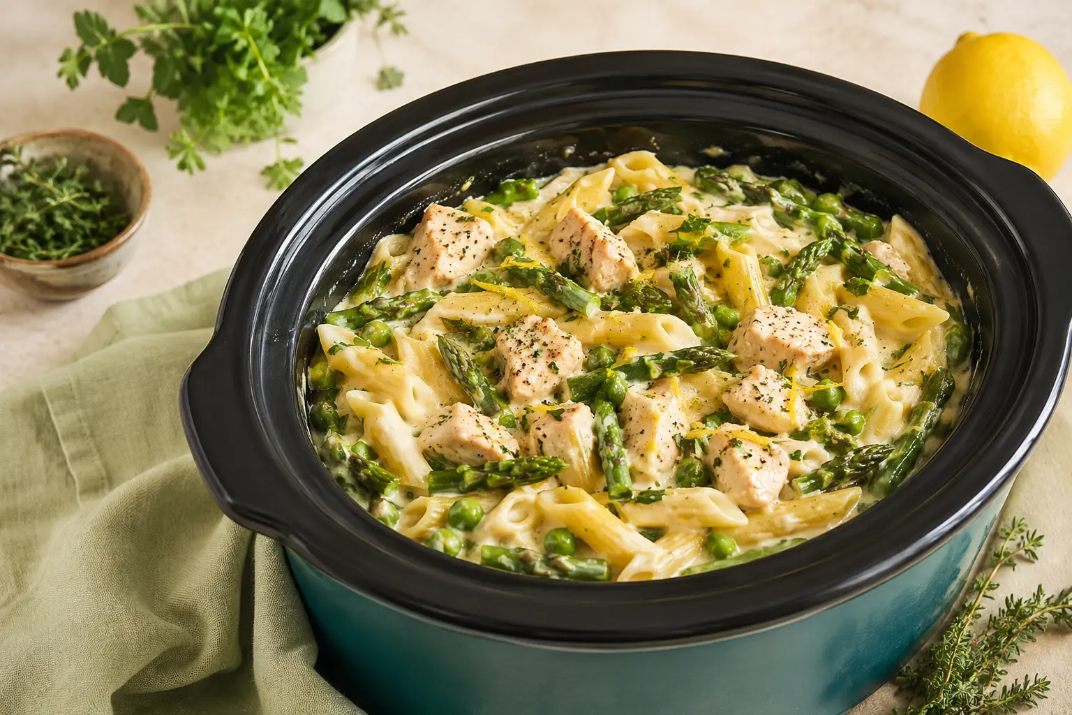 Chicken Asparagus Pasta made in a slow cooker for spring meal prep