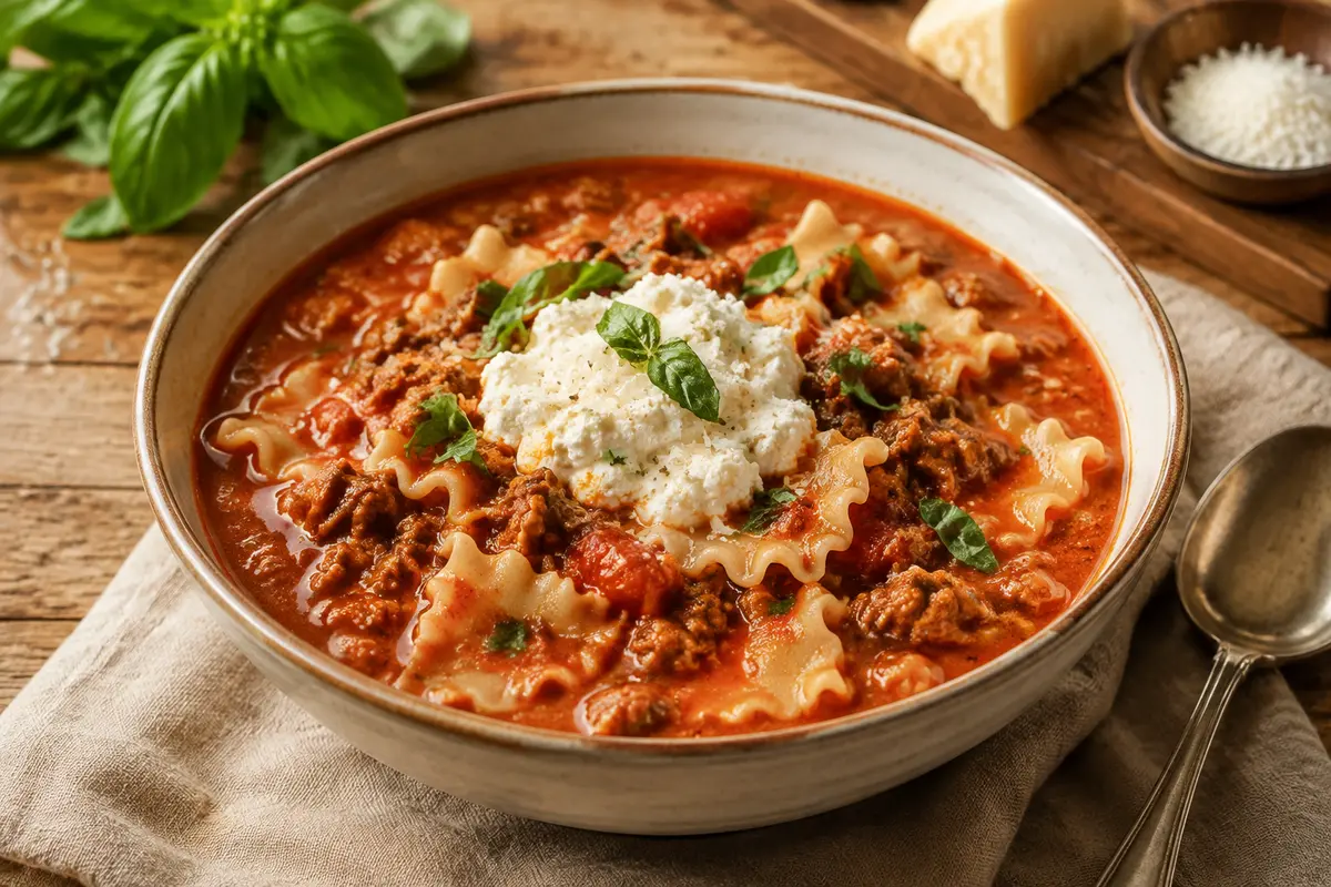 Lasagna Soup made in a slow cooker for an easy family dinner