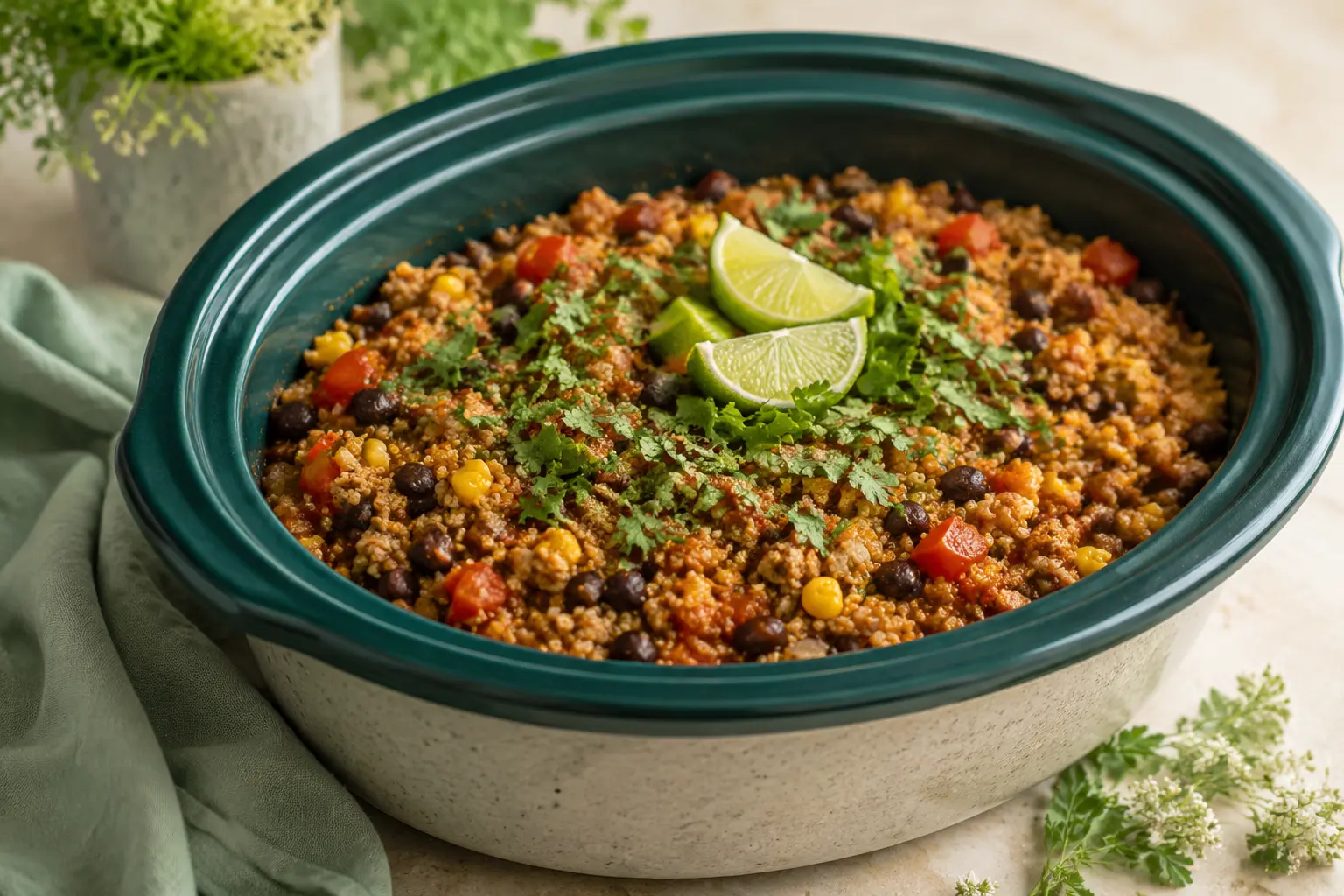 Turkey Taco Quinoa made in a slow cooker for spring meal prep