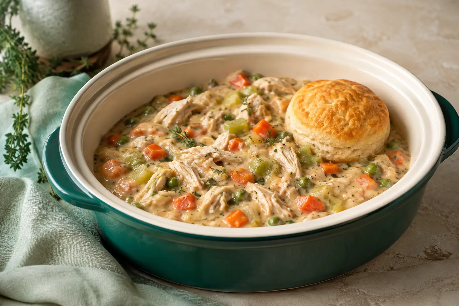 Chicken Pot Pie Filling made in a slow cooker for spring meal prep