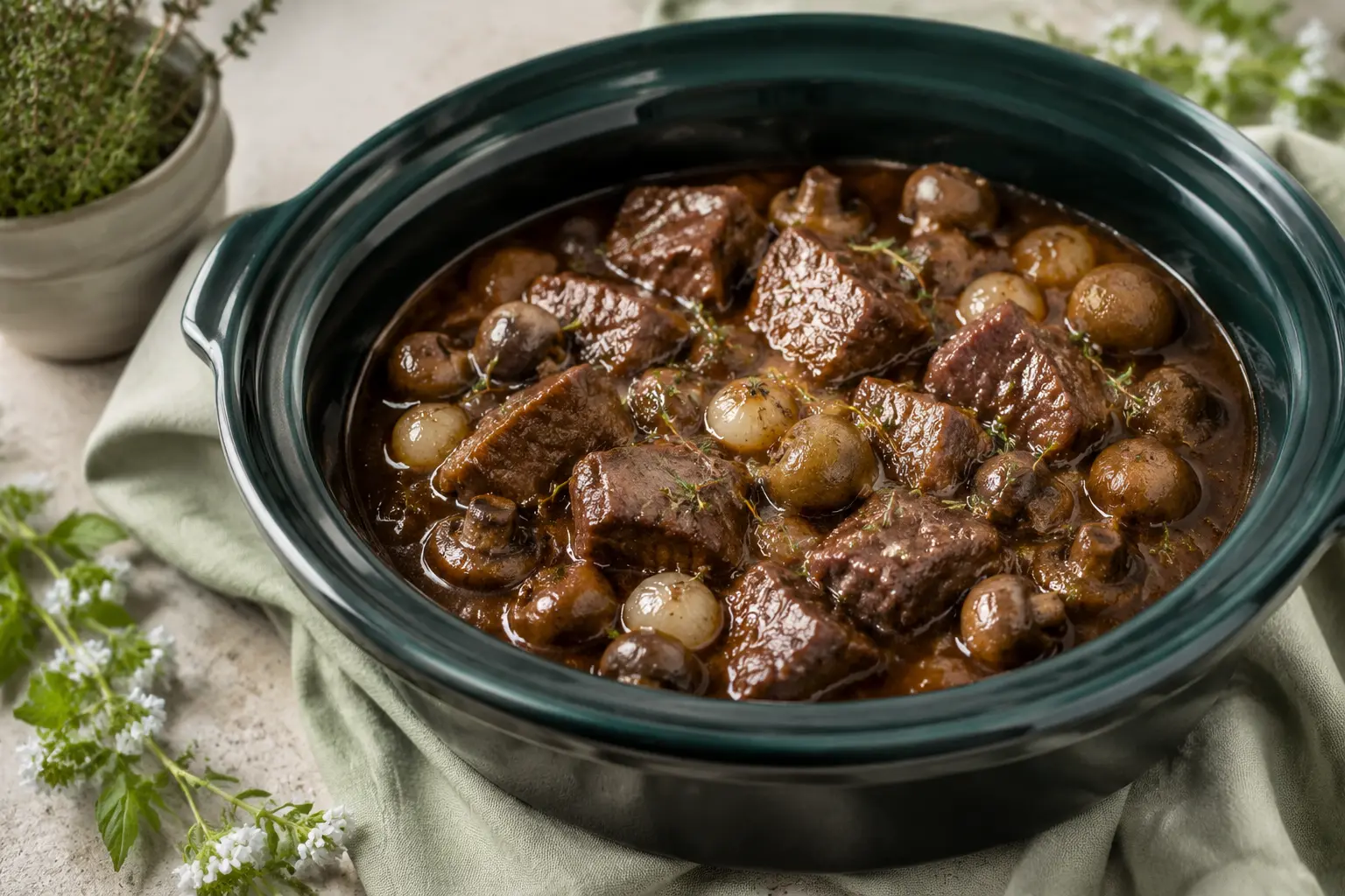 Balsamic Beef & Mushrooms made in a slow cooker for spring meal prep