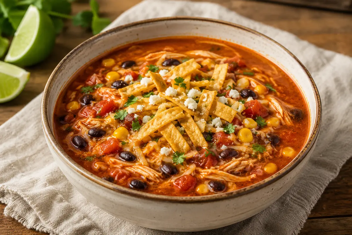 Chicken Enchilada Soup made in a slow cooker for an easy family dinner