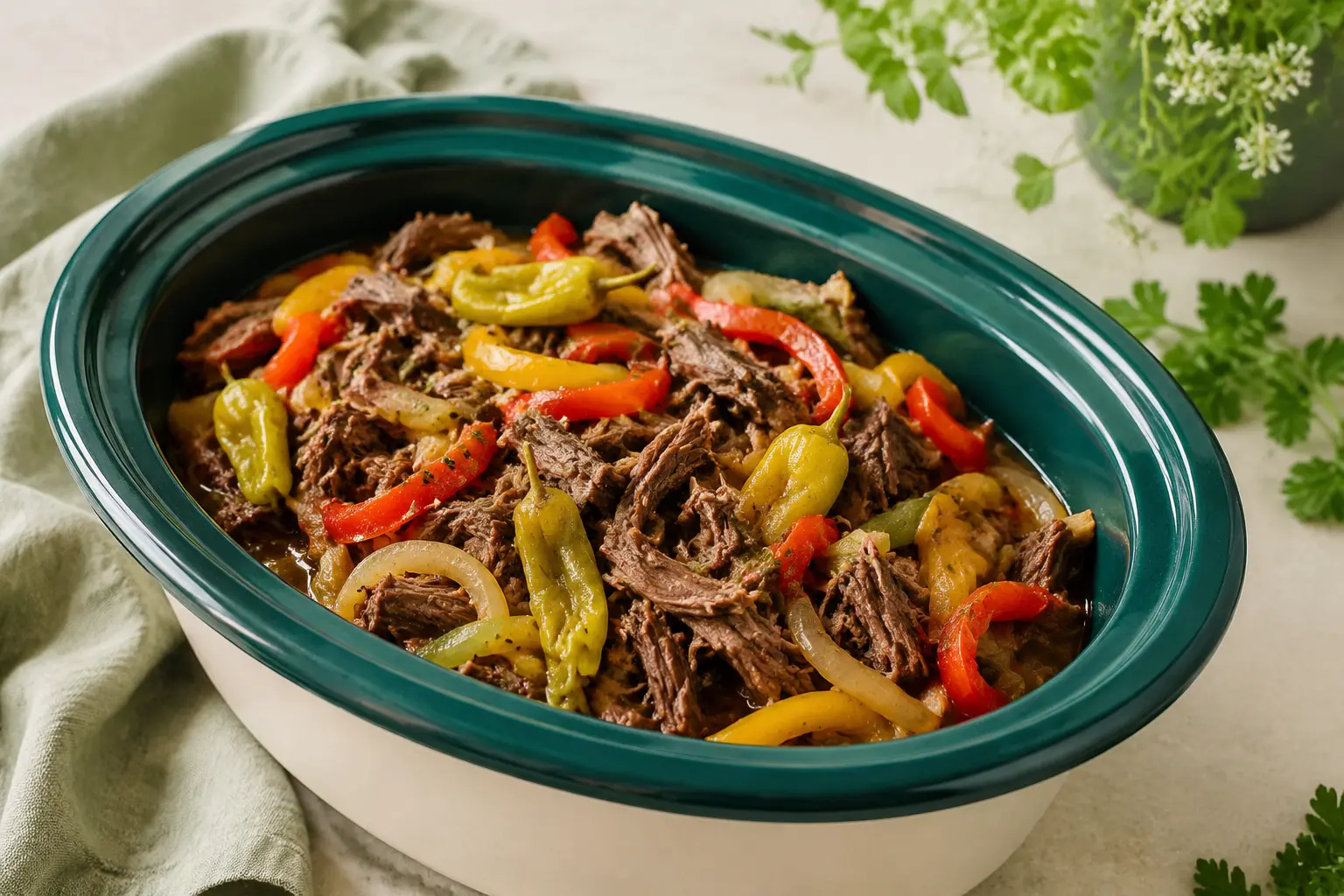 Italian Beef & Peppers made in a slow cooker for spring meal prep