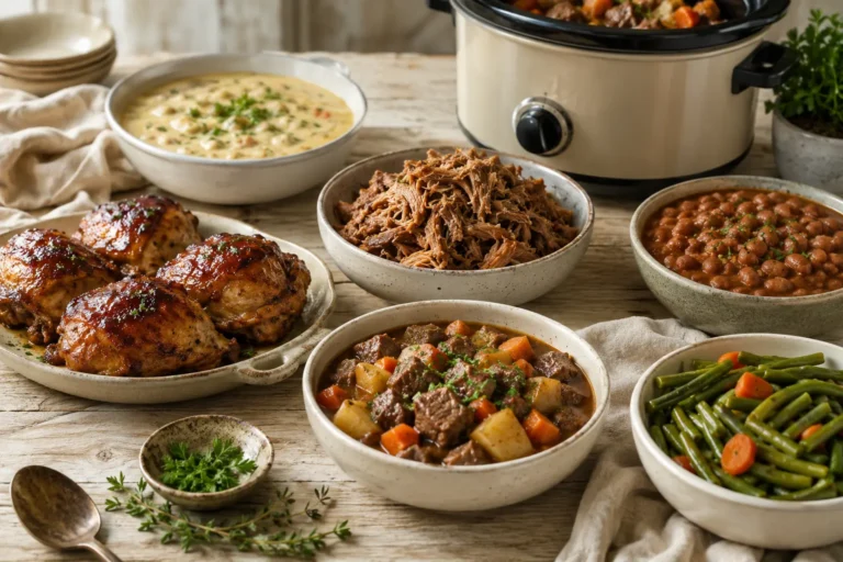 A family-style spread of simple crockpot meals made with five ingredients or less