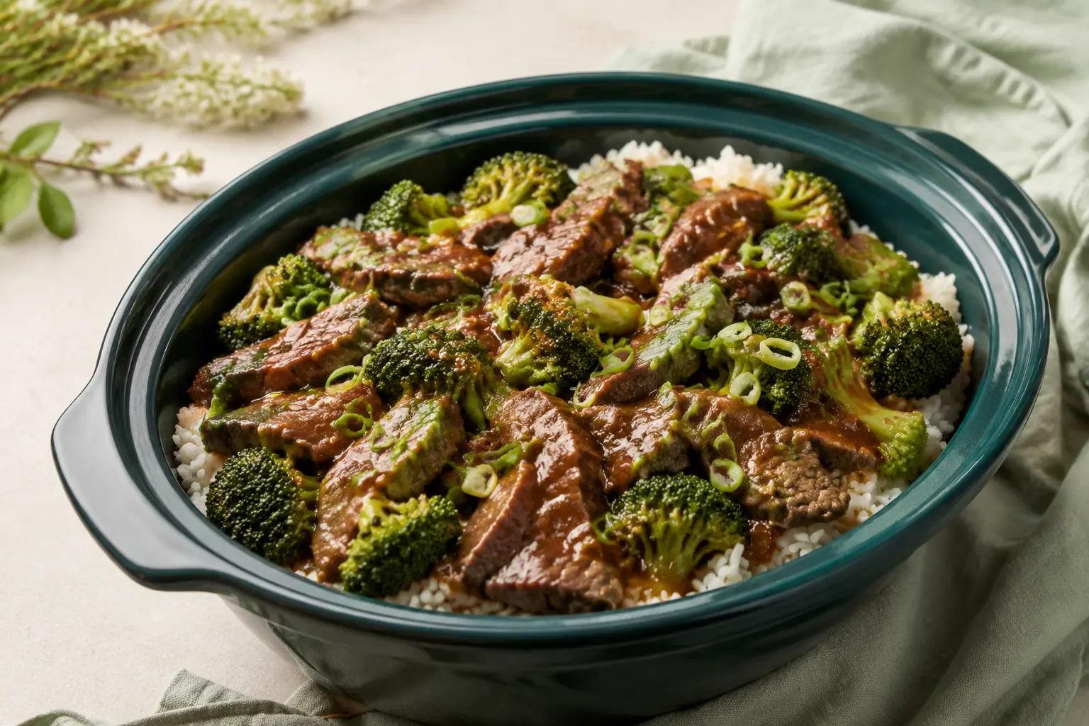 Beef & Broccoli made in a slow cooker for spring meal prep