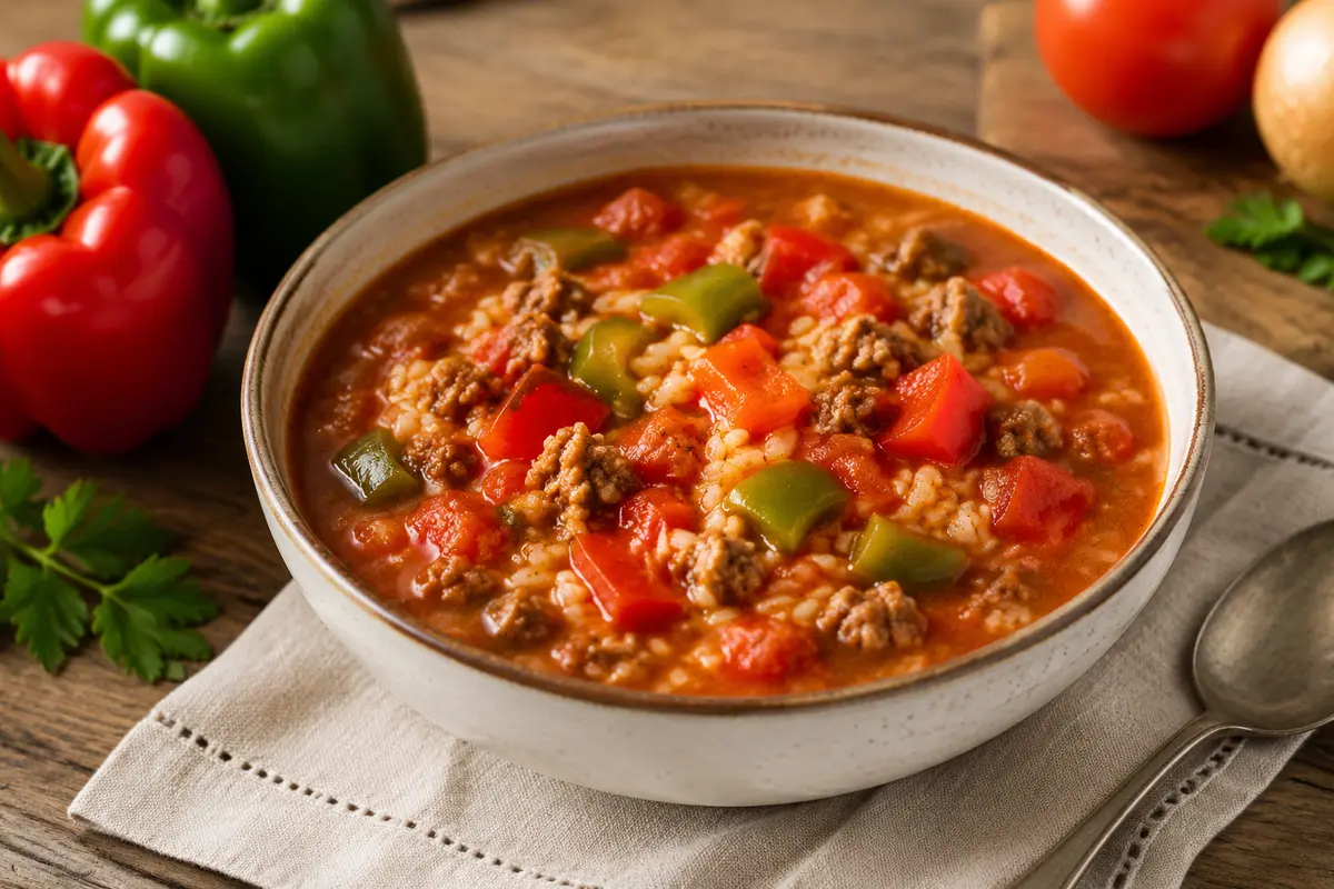 Stuffed Pepper Soup made in a slow cooker for an easy family dinner