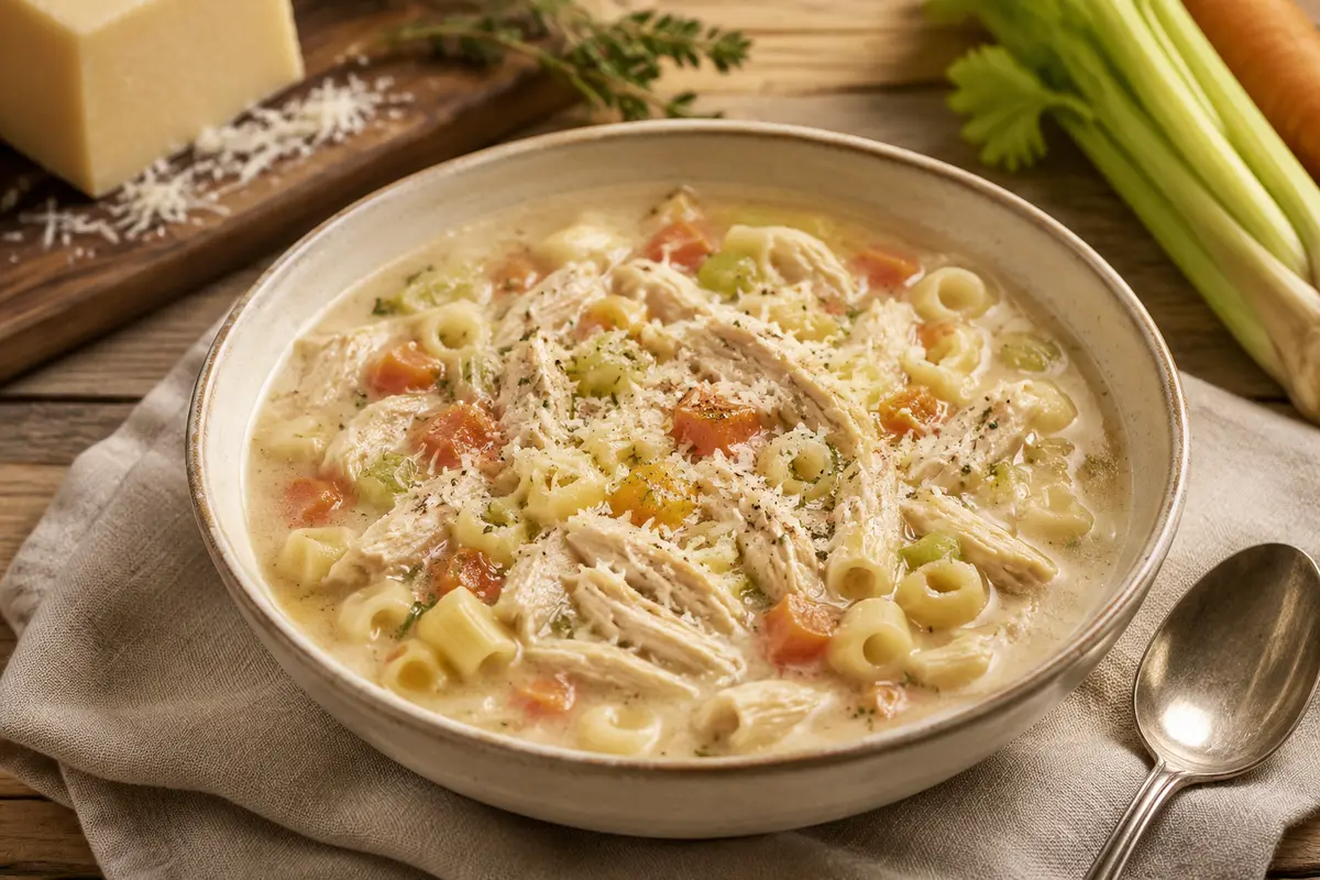 Creamy Chicken Pasta Soup made in a slow cooker for an easy family dinner