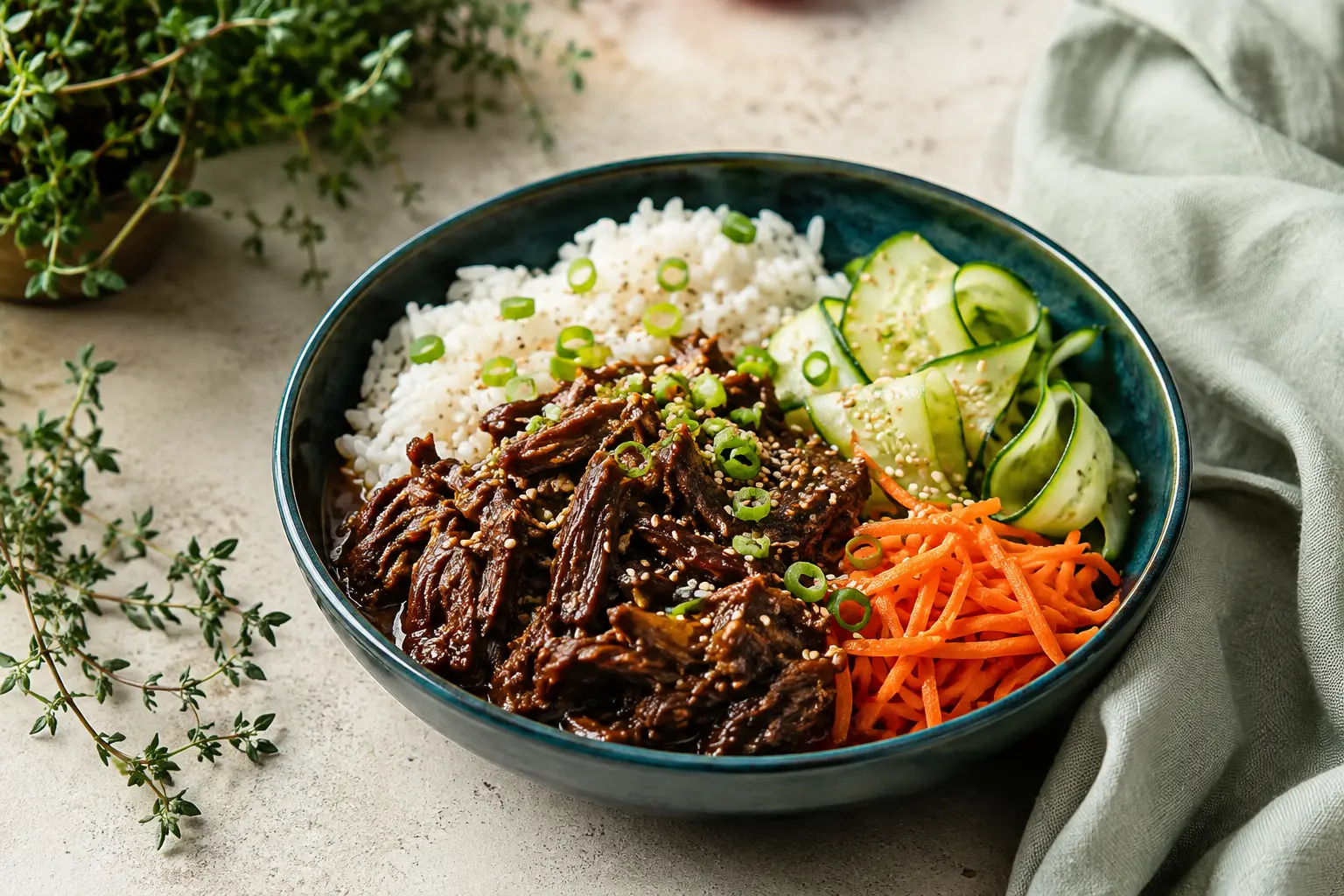 Korean-Style Shredded Beef Bowls made in a slow cooker for spring meal prep