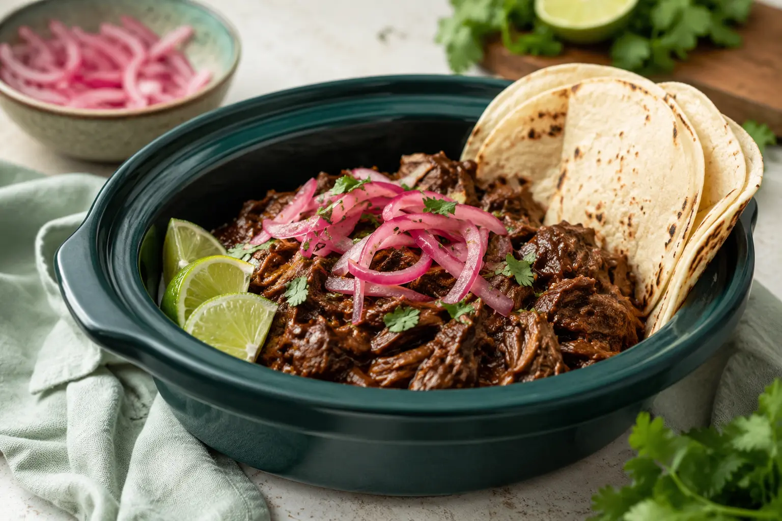 Beef Barbacoa made in a slow cooker for spring meal prep