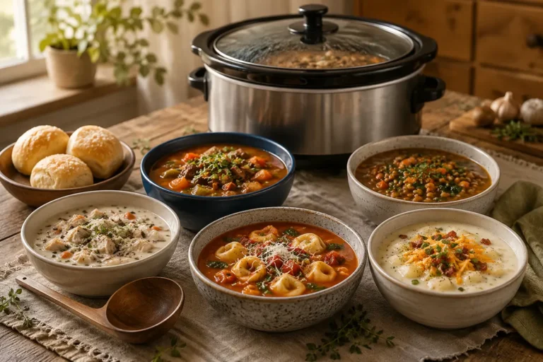 Five budget-friendly crockpot soups with a slow cooker on a cozy kitchen table