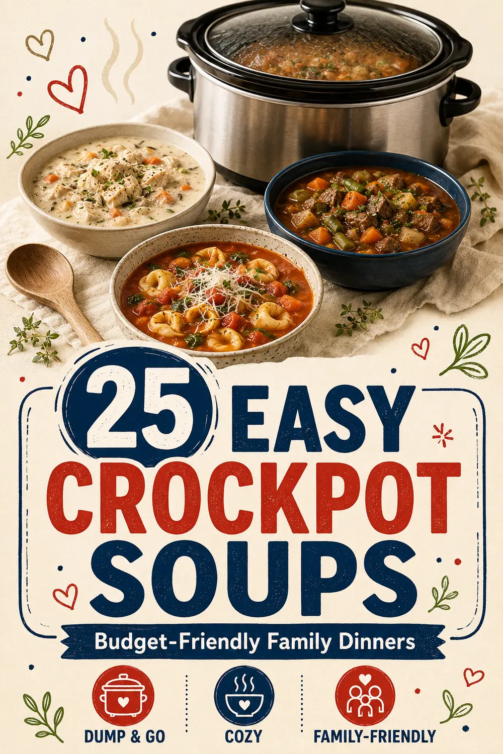 25 Easy Crockpot Soups budget-friendly family dinners Pinterest graphic