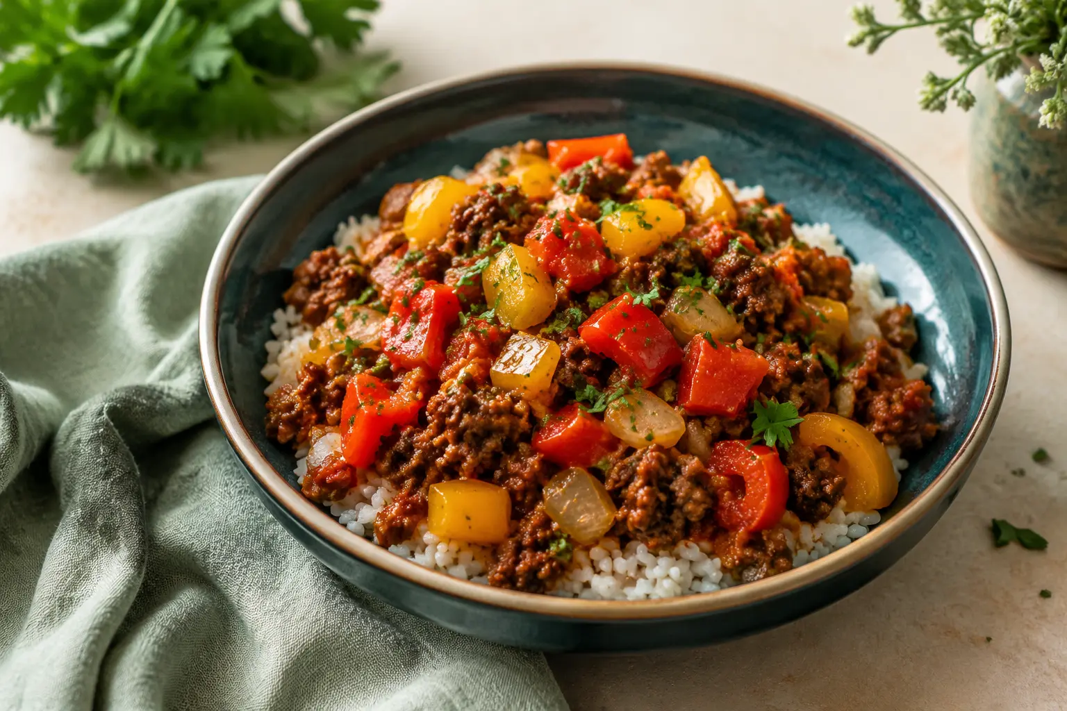 Stuffed Pepper Beef Bowls made in a slow cooker for spring meal prep