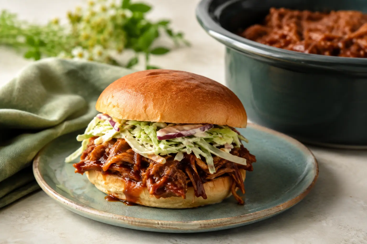 BBQ Pulled Pork made in a slow cooker for spring meal prep