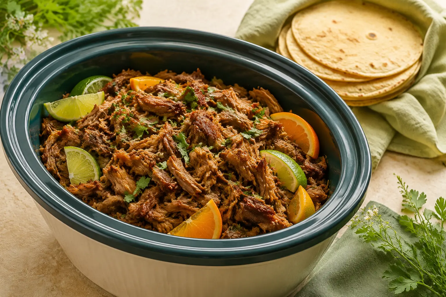 Citrus Carnitas made in a slow cooker for spring meal prep