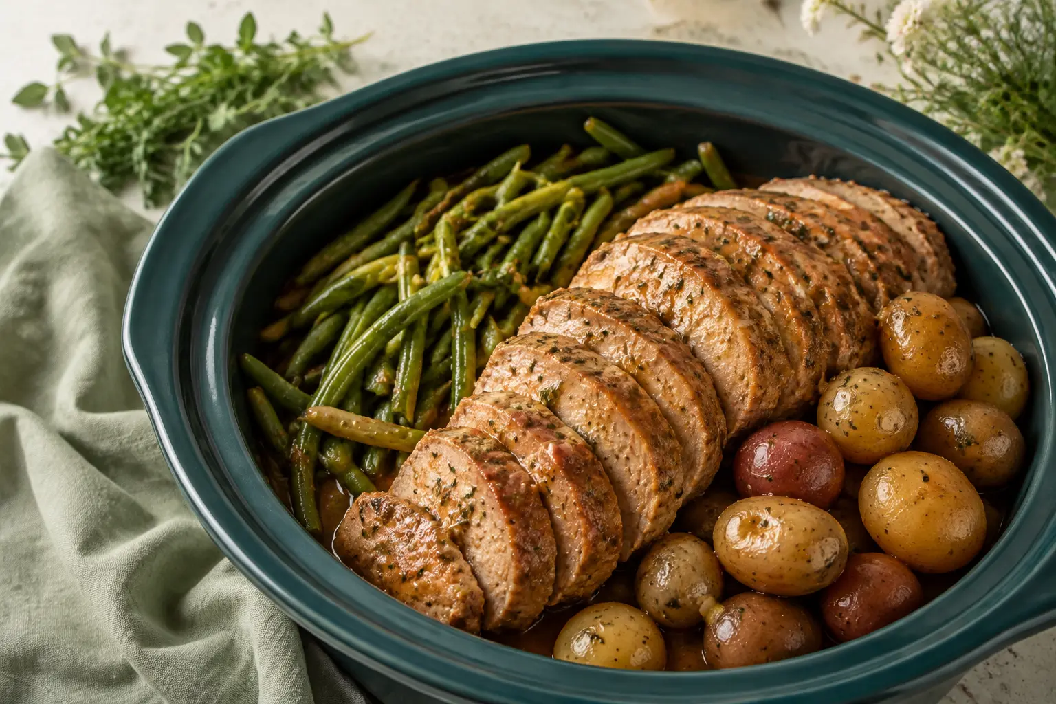 Honey Mustard Pork Loin made in a slow cooker for spring meal prep