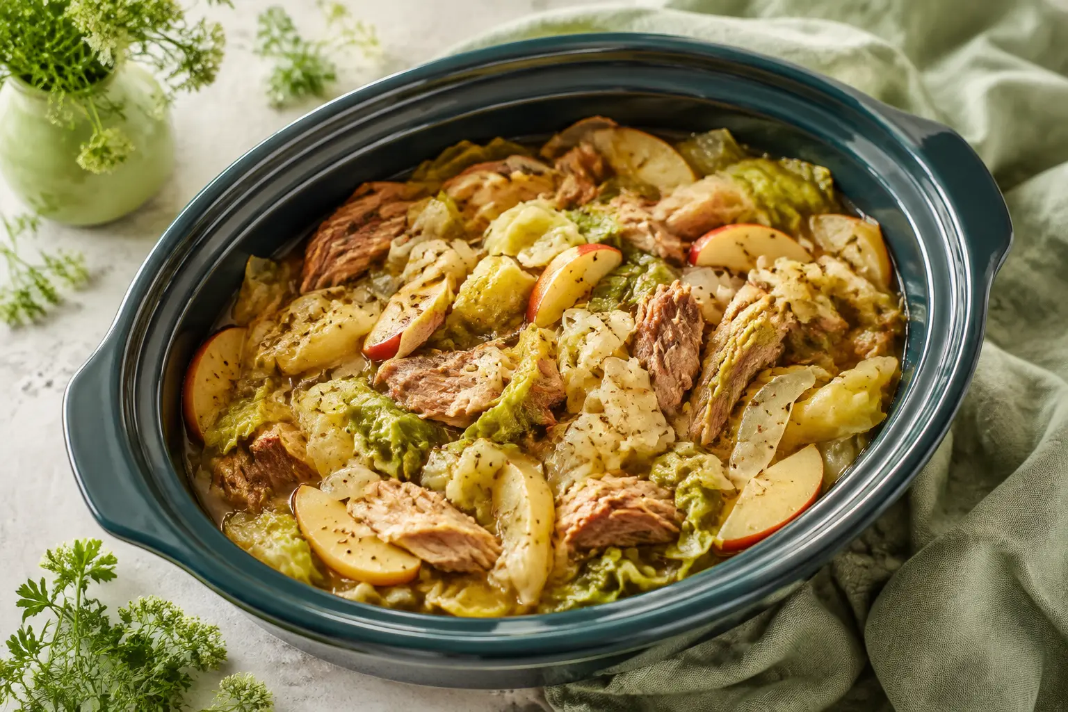 Pork, Cabbage & Apples made in a slow cooker for spring meal prep