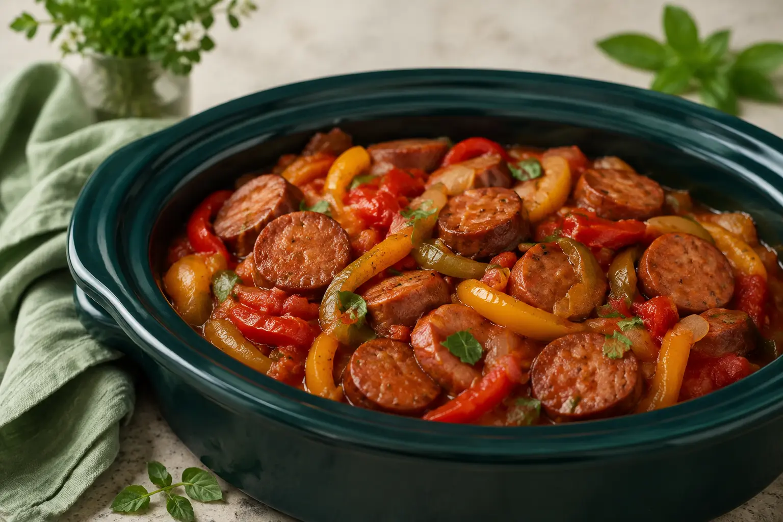 Sausage, Peppers & Onions made in a slow cooker for spring meal prep