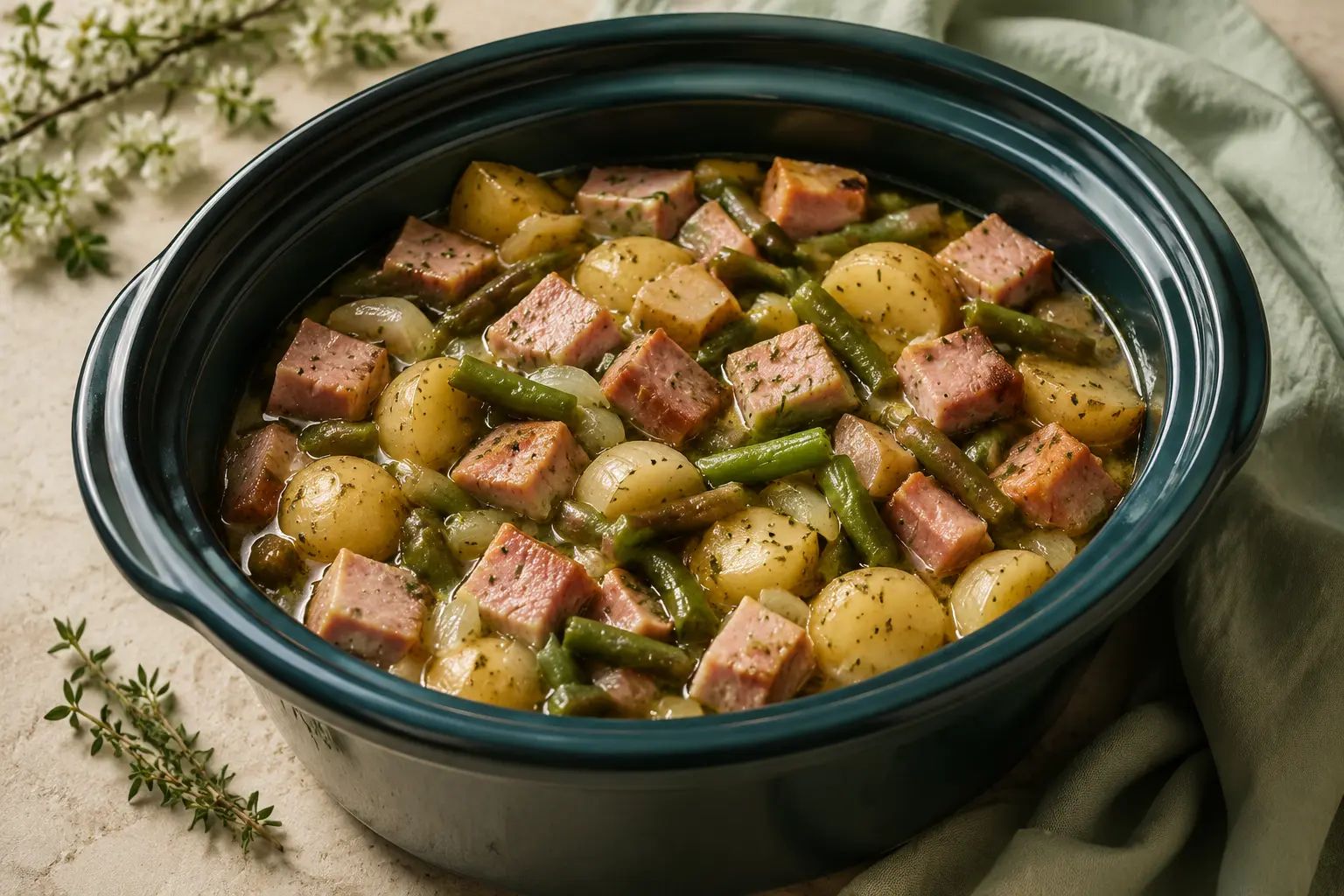 Ham, Green Beans & Potatoes made in a slow cooker for spring meal prep