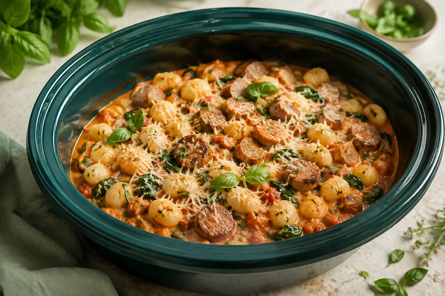 Sausage Tomato Gnocchi made in a slow cooker for spring meal prep
