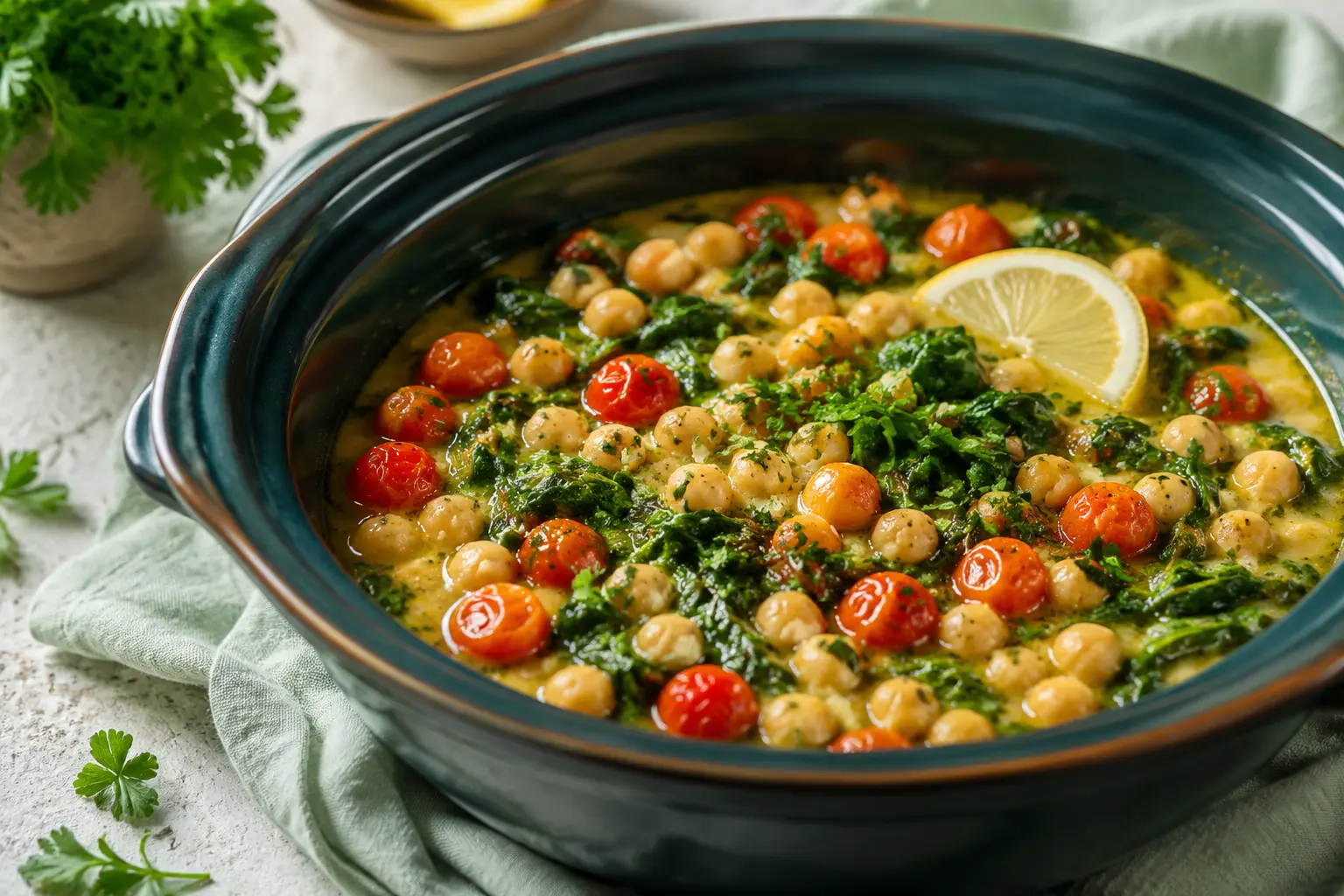 Lemon Garlic Chickpeas made in a slow cooker for spring meal prep
