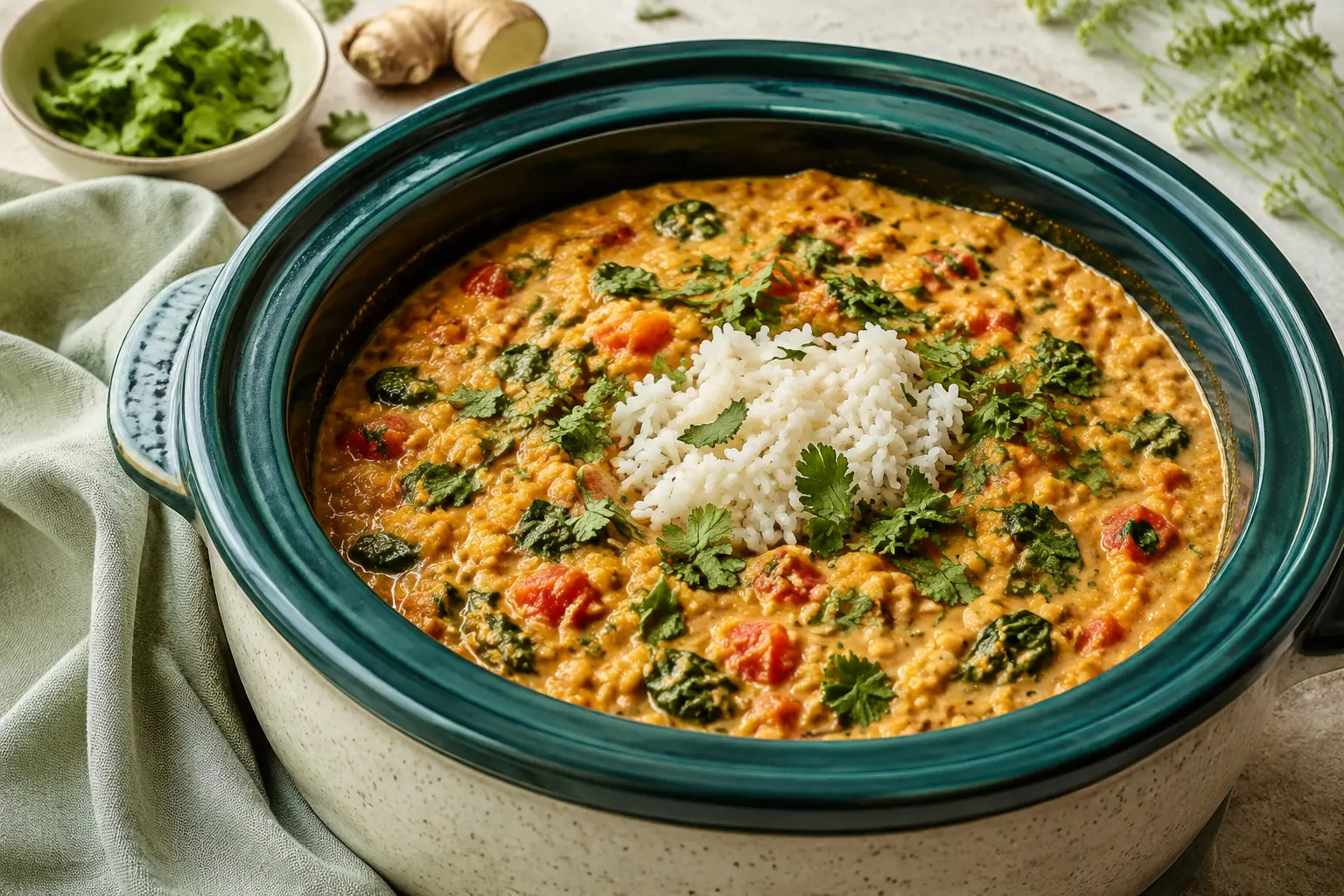 Coconut Lentil Curry made in a slow cooker for spring meal prep
