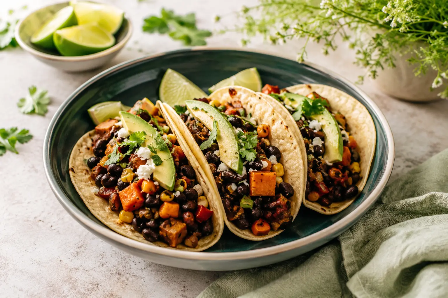 Black Bean Sweet Potato Tacos made in a slow cooker for spring meal prep
