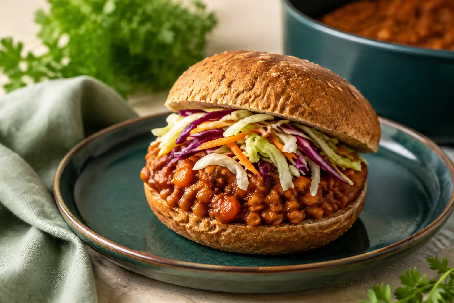 Red Lentil Sloppy Joes made in a slow cooker for spring meal prep