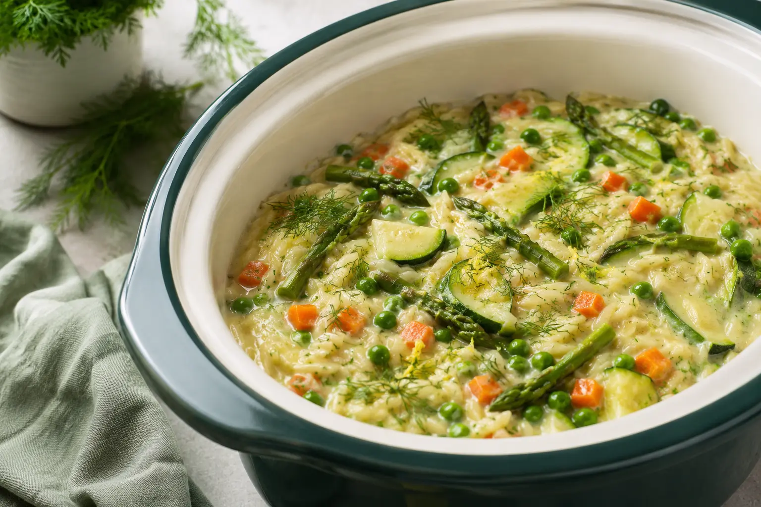 Spring Vegetable Orzo made in a slow cooker for spring meal prep
