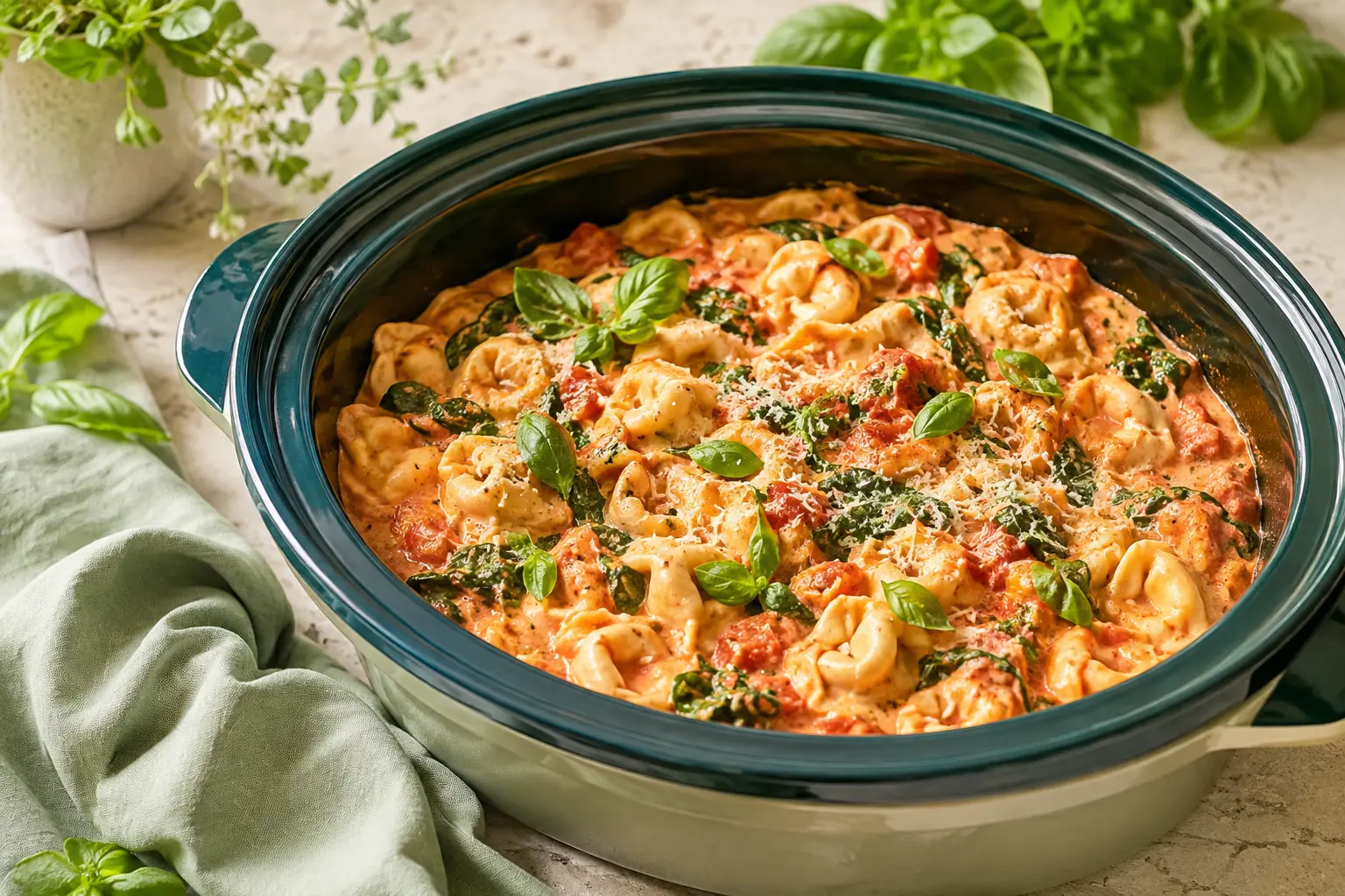 Creamy Tomato Tortellini made in a slow cooker for spring meal prep