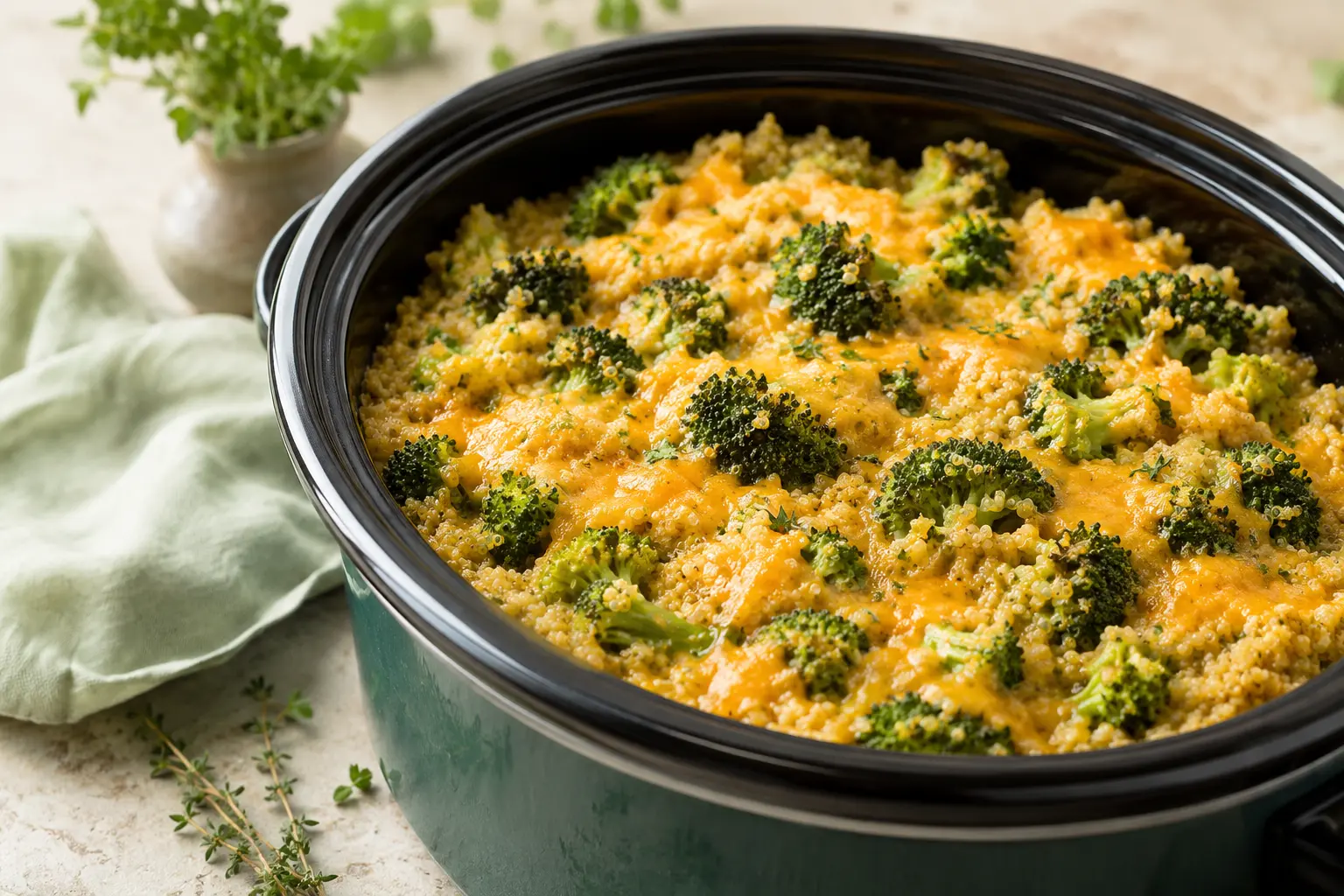 Broccoli Cheddar Quinoa made in a slow cooker for spring meal prep