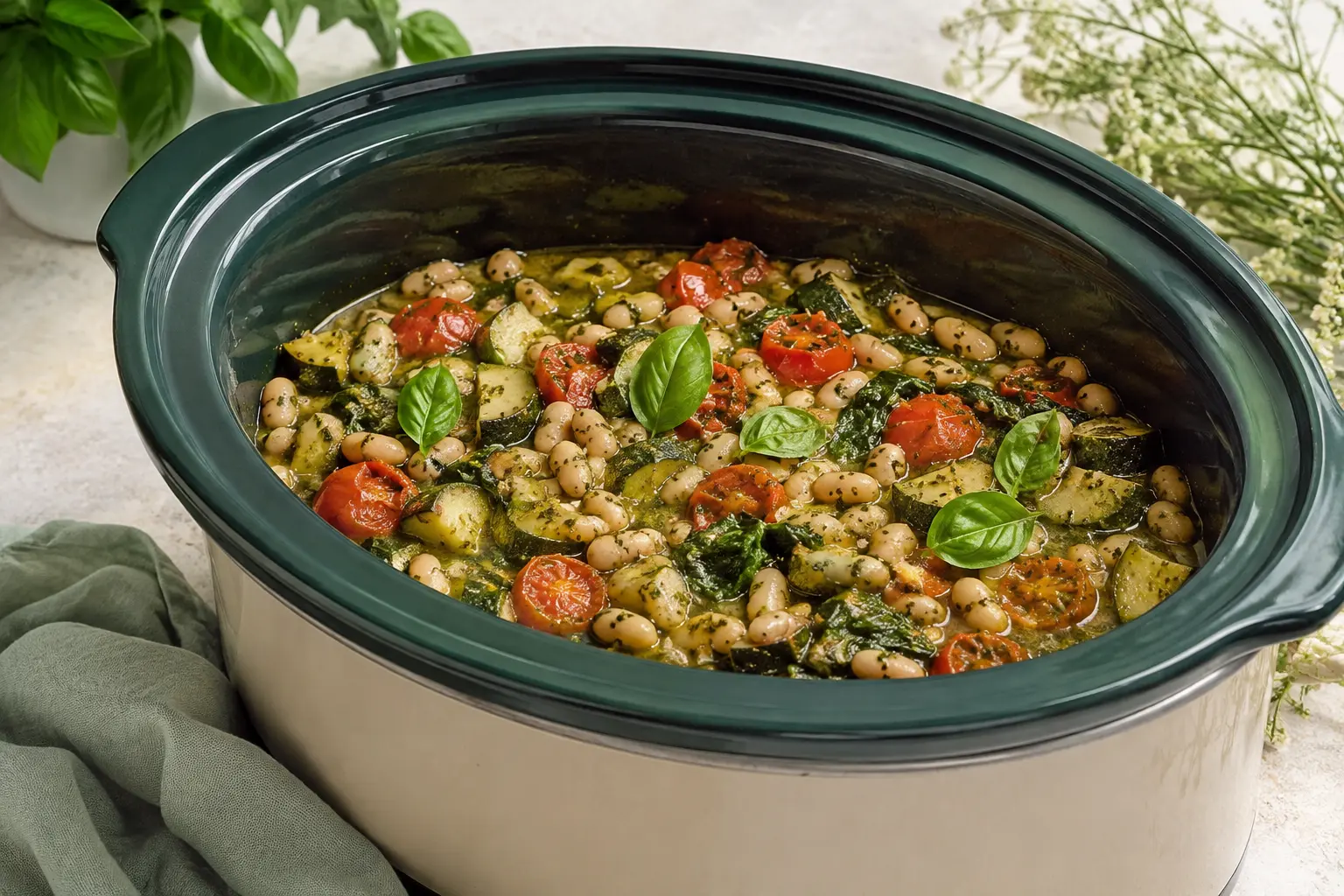 Pesto White Beans & Zucchini made in a slow cooker for spring meal prep