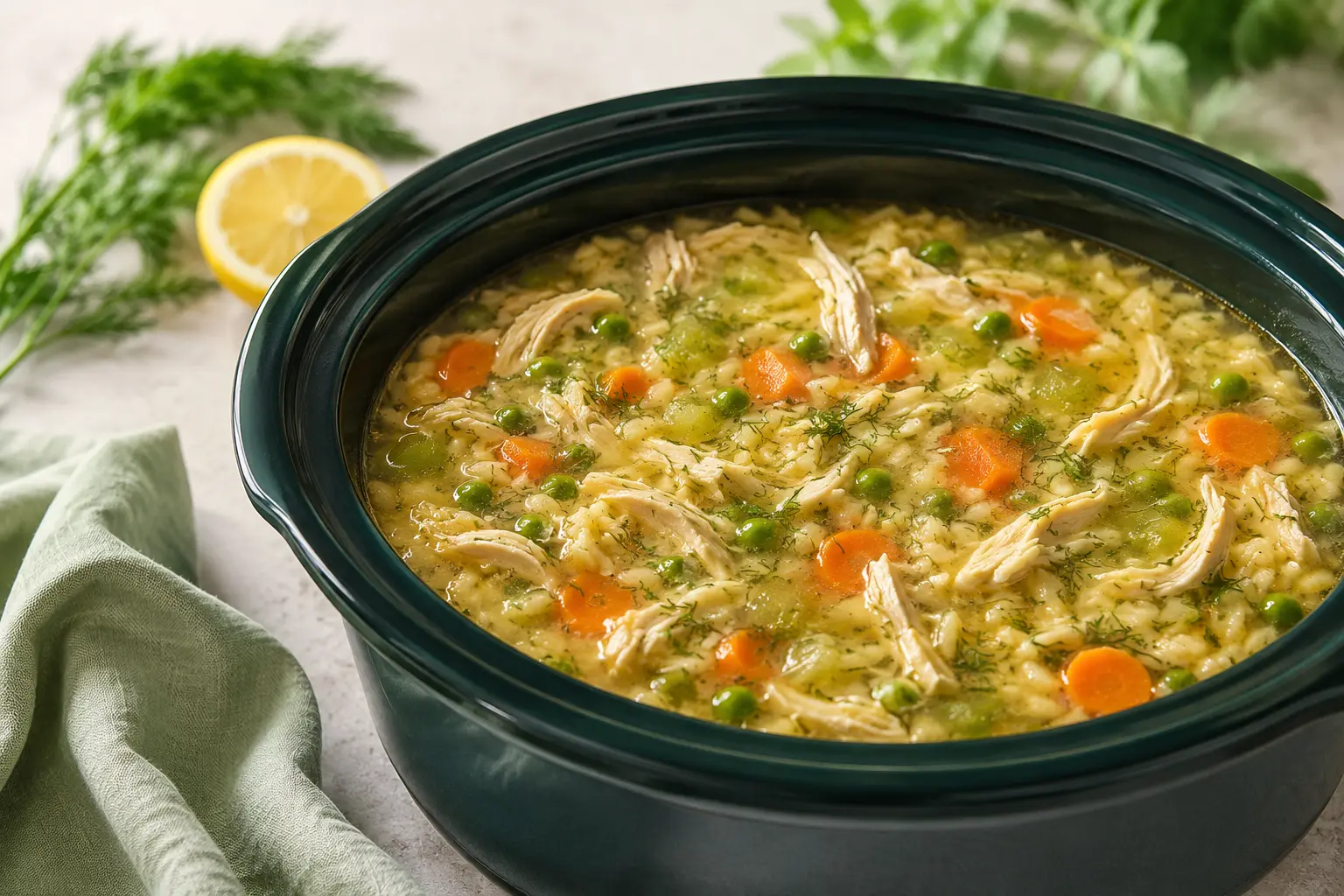 Lemon Chicken Orzo Soup made in a slow cooker for spring meal prep