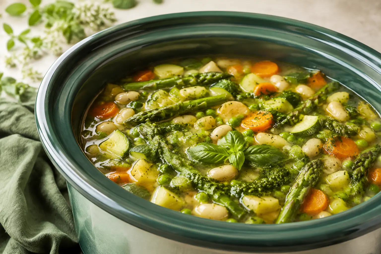 Spring Vegetable Pesto Soup made in a slow cooker for spring meal prep