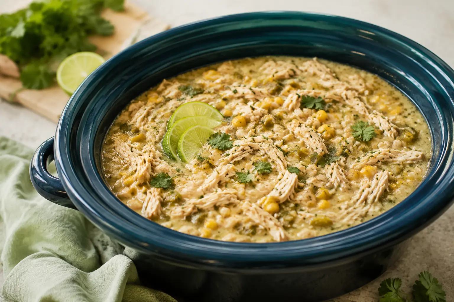 White Chicken Chili made in a slow cooker for spring meal prep