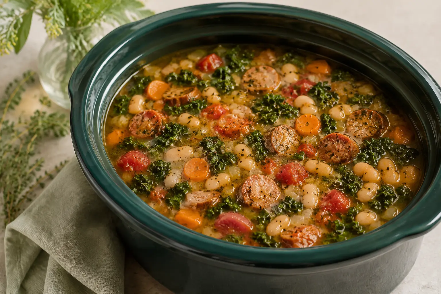 Sausage, White Bean & Kale Soup made in a slow cooker for spring meal prep